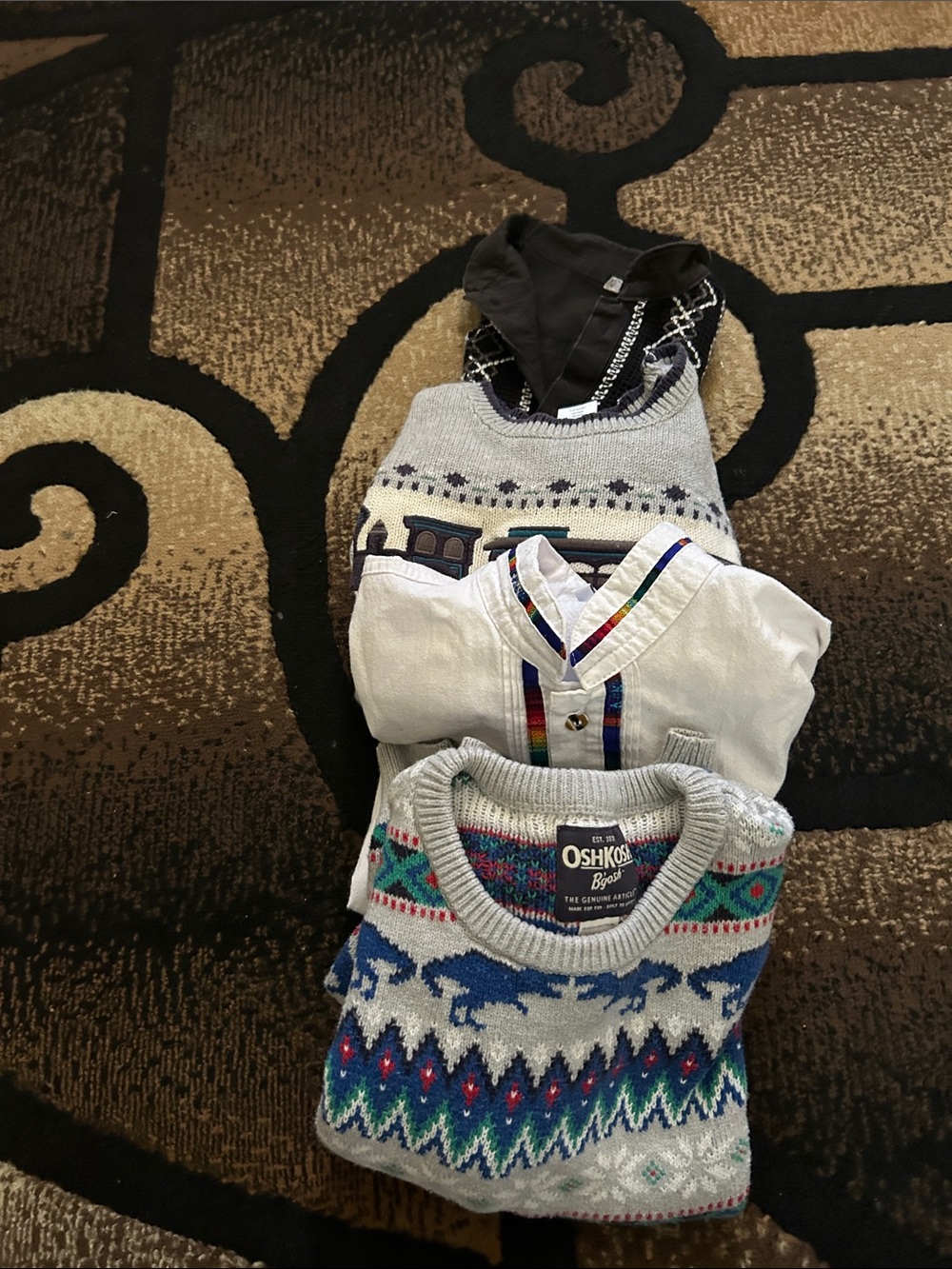 OshKosh B'gosh Light Gray Fair Isle Reindeer Sweater with Blue & Teal Accents